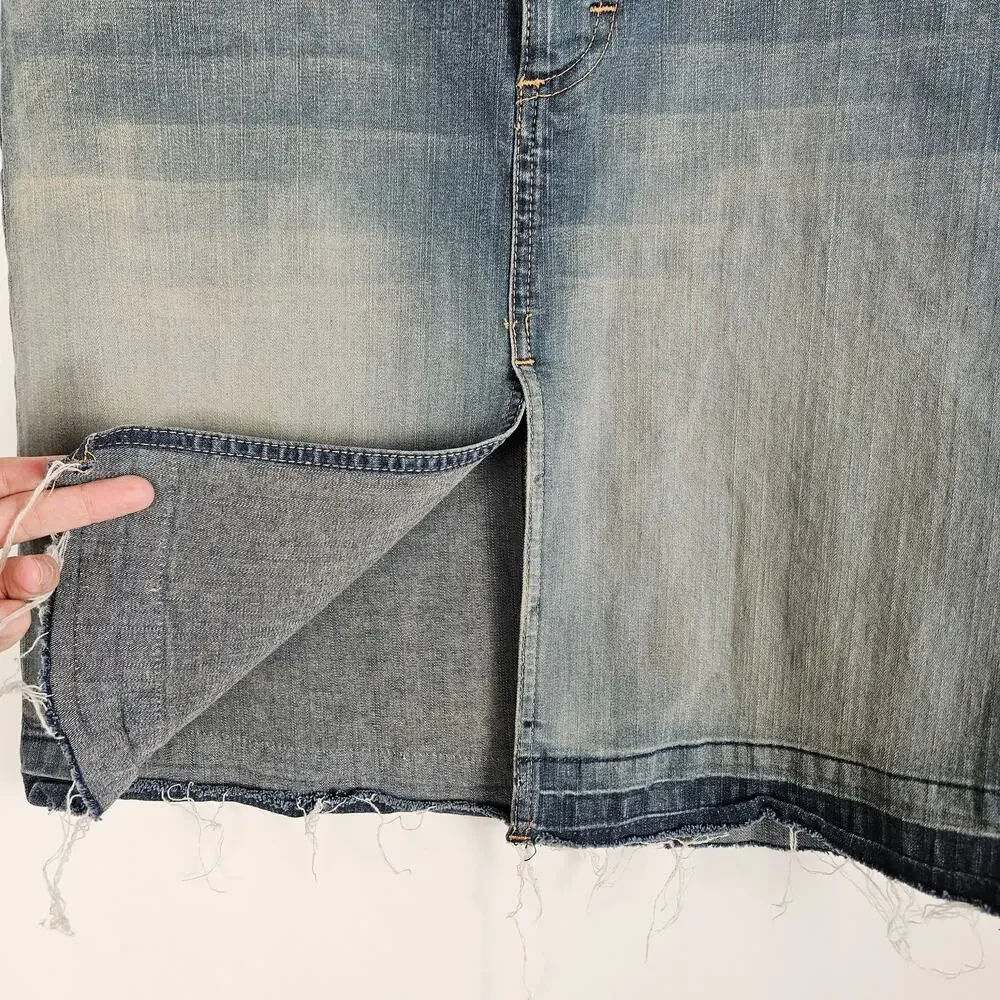 Y2K Lee Denim Skirt Juniors 3 Frayed Hem Button Pockets Stretch Slit Front